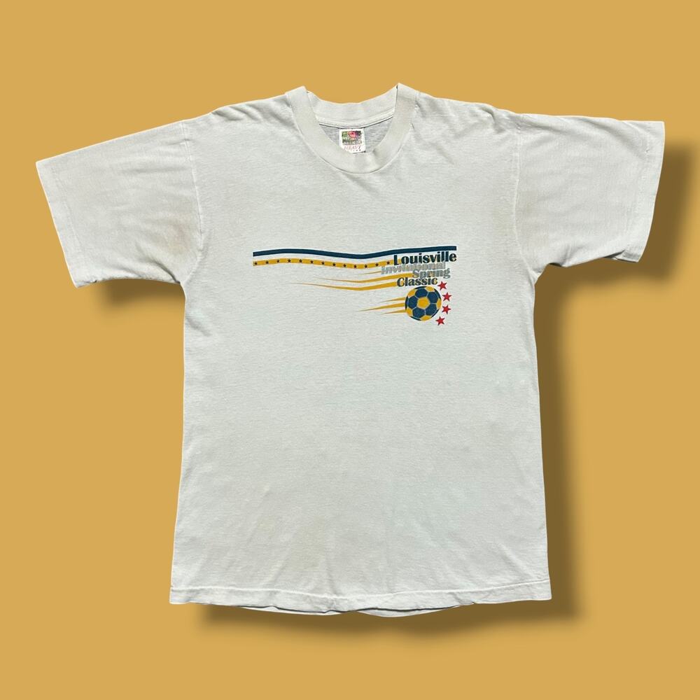 Vintage 90s Soccer Shirt Faded White Graphic Tee Distressed Faded M/L